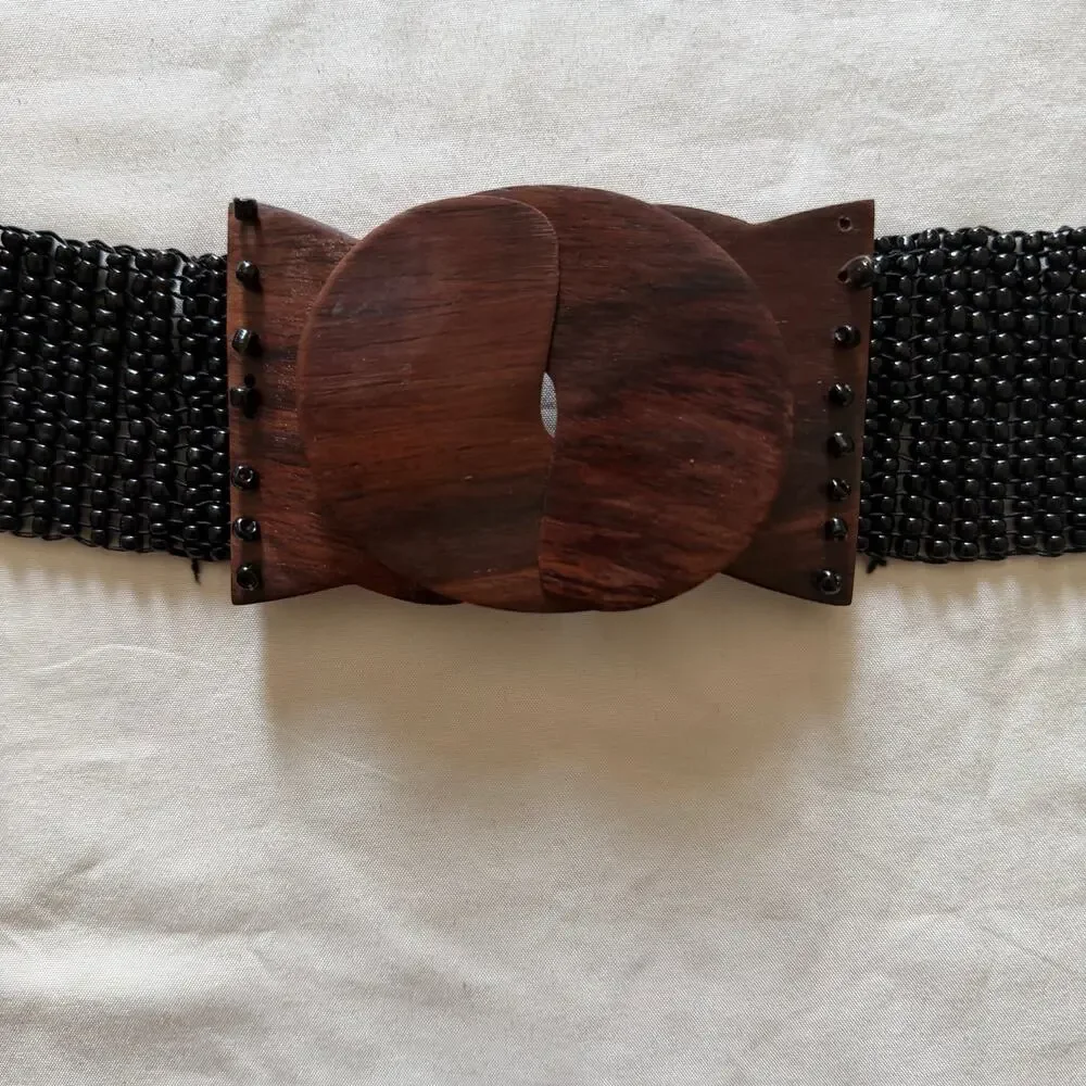 Black Beaded Wooden Buckle Belt Plus Size OS Stretchy Boho Forest Fairy Y2K 2000